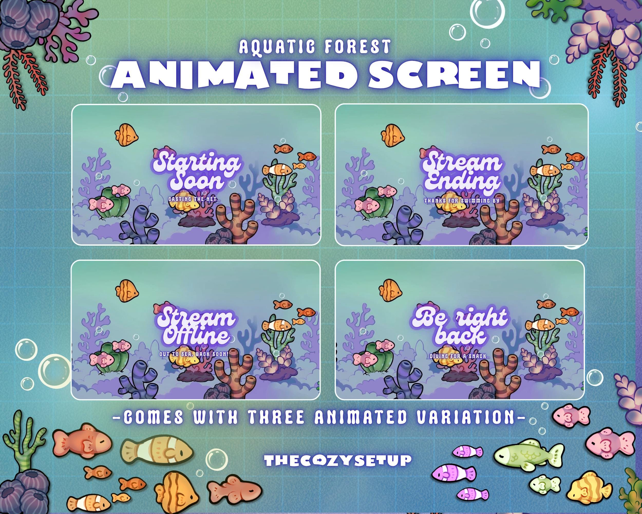 Stream Offline Screen Fish 8x Animated Aqua Bloom Stream Screens for Twitch, Cute Fish Theme, Cozy ...