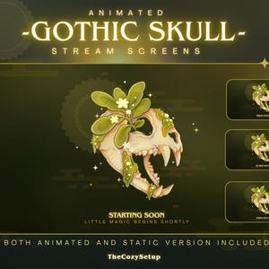 Peut inclure: Écrans de flux animés Gothic Skull. Le design présente un crâne stylisé avec de la végétation qui en sort, sur un fond vert foncé. Le texte comprend "Starting Soon" et "Little Magic Begins Shortly."