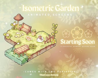 Isometric Garden Stream Screens for Twitch | Custom Cozy Streaming | Animated Twitch decor Pack | Kawaii Pastel Green Theme Twitch Screen