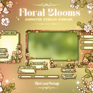 May include: A digital animated stream package titled "Floral Blooms." The design features a green and gold color scheme with floral accents. Elements include a chat box, stream overlay, and social media buttons for Reddit, Snapchat, YouTube, and Subscribers.