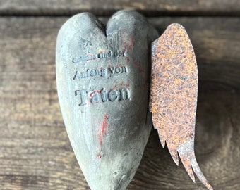 Raku heart with wings and saying, heart, wings rust, Raku object