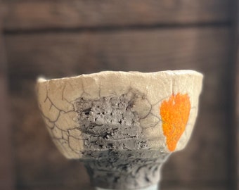 Raku bowl, tea bowl, white with color accents (orange)