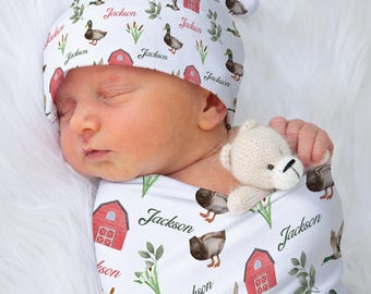 Personalized Mallard Duck Baby Swaddle Blanket Set