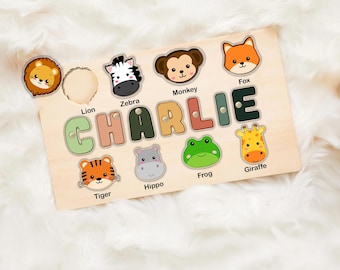 Custom Name Wood Puzzle, Safari Animal Theme, Montessori Gift