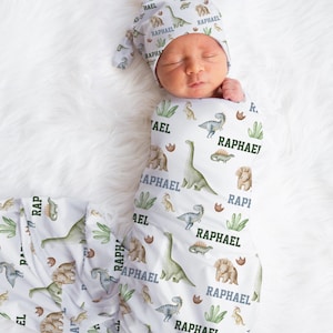Dinosaur Personalized Baby Blanket, Dinosaur Swaddle Blanket, Personalized Baby Blanket, Baby Shower Gift, Dinosaur Swaddle Set