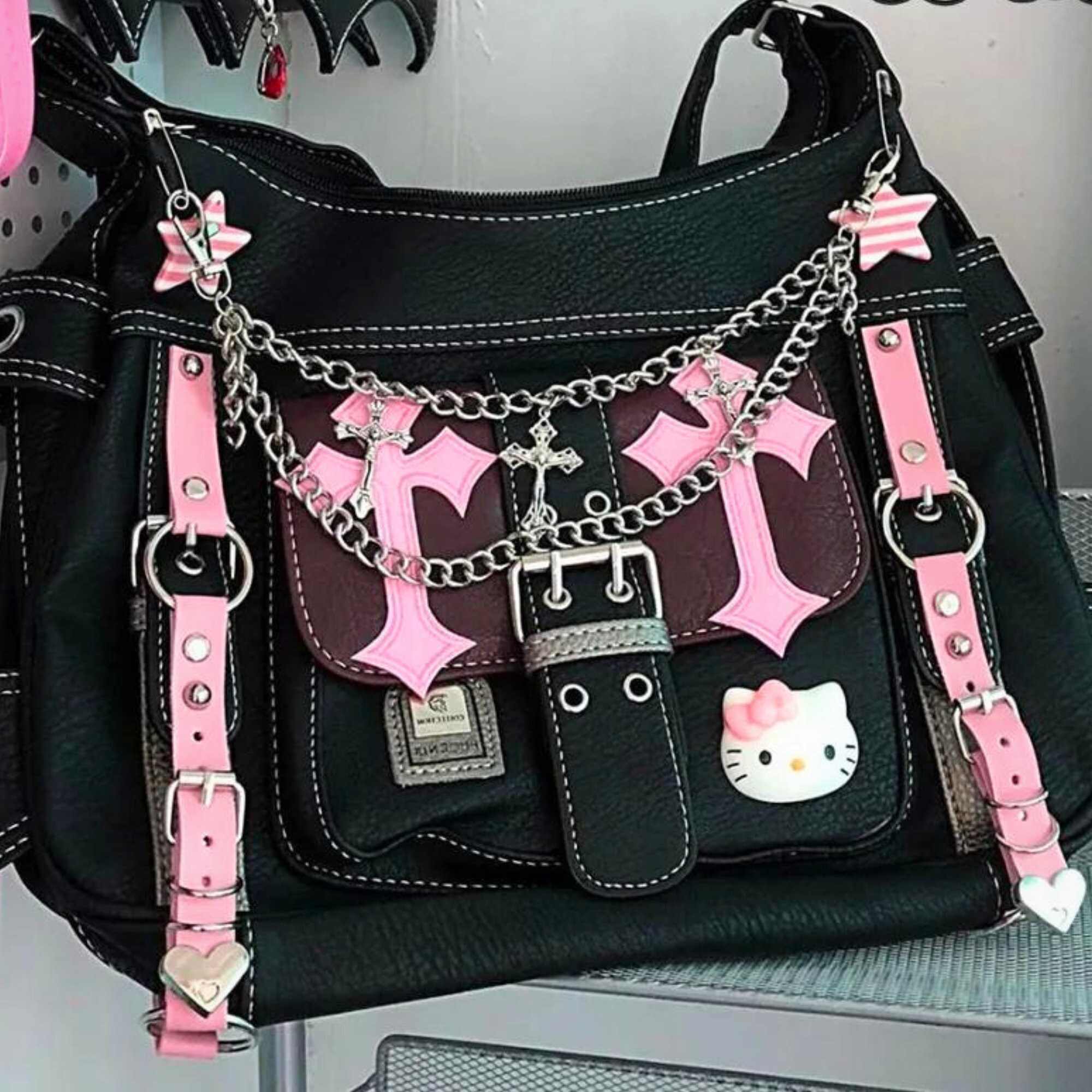 Hello Kitty Sanrio Gothic Punk Vintage Pink Cross Chains Crossbody