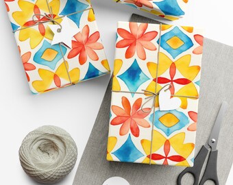 Sunny Boho Watercolor Wrapping Paper | Cottagecore Bold Geometric Floral Design | Festive Recycled Gift Wrap