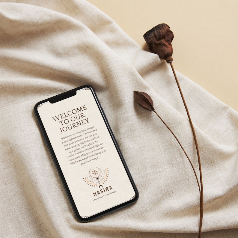 May include: A smartphone displaying a welcome message for a spiritual reading service called "NASIRA spiritual readings". The message reads "Welcome to our journey. Welcome to a world of insight and enlightenment. I'm honored that you've chosen me for your tarot reading. With the cards as our guide, we'll unlock the wisdom within and shed light on your path. May your journey be filled with newfound clarity and positive energy."