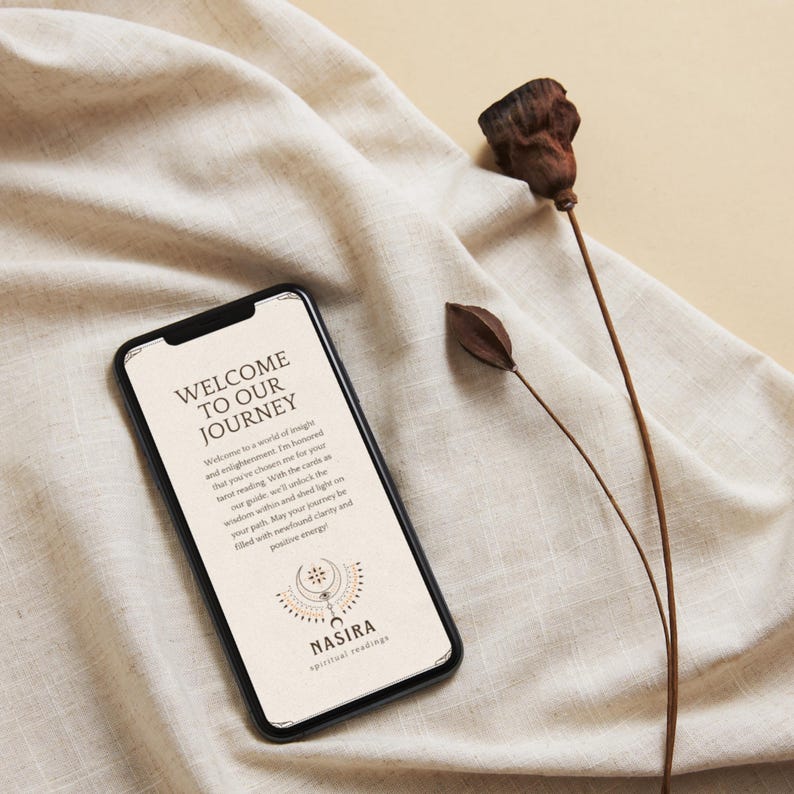 May include: A smartphone displaying a welcome message with the text "Welcome to our Journey" and a graphic of a crescent moon and stars. The text reads "Welcome to a world of insight and enlightenment. I'm honored that you've chosen me for your tarot reading.  We'll unlock the wisdom within the cards as your guide. May your path be led with newfound clarity and positive energy."