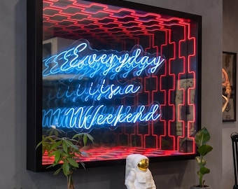 May include: A wall-mounted neon sign with the words "Everyday is a Weekend" in blue script, framed in black. Below, a wooden shelf holds a white astronaut figurine and potted plants. The background is a gray wall.