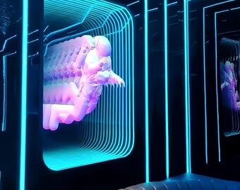 May include: A three-dimensional infinity mirror display featuring a repeating, glowing pink astronaut figure suspended within a rectangular frame outlined by vibrant cyan neon light strips, creating a deep, tunnel-like visual effect.