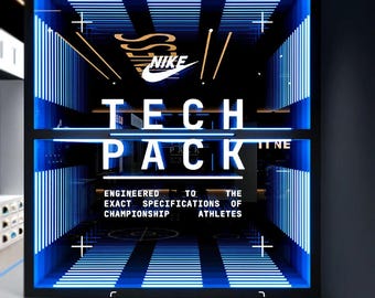 May include: A rectangular storefront display featuring a black frame with bright blue horizontal neon light strips. The glass displays the Nike logo and the text TECH PACK, along with the phrase ENGINEERED TO THE EXACT SPECIFICATIONS OF CHAMPIONSHIP ATHLETES.