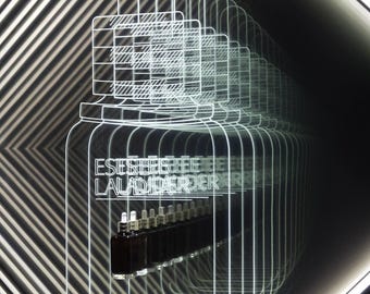 May include: A dark brown glass dropper bottle with a silver cap, featuring a white linear outline graphic of the bottle and the repeated text ESESTEE LALADIDER. The design creates an infinite reflection effect against a black background.