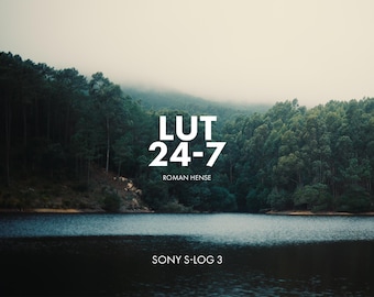May include: A white text graphic on a background of a misty lake and forest. The text reads "LUT 24-7 ROMAN HENSE SONY S-LOG 3".