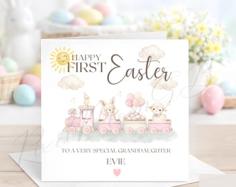 First Easter Daughter Card, Pink or Blue Bunny Train, Personalised Greeting Card, Son, 1st