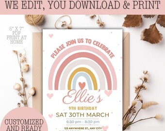 Rainbow Girls Birthday Invitation, Printable, Edited for you, Boho Rainbow Invite, Modern Digital Download, pink hearts