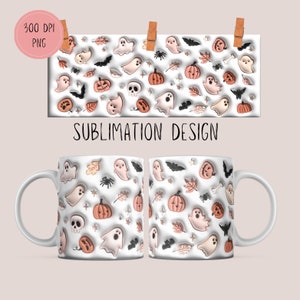 Envoltura de taza de Halloween en relieve inflada en 3D, diseño de sublimación de taza de 11 oz, envoltura de taza hinchada PNG, descarga de sublimación, diseños de tazas, fantasma, calabaza