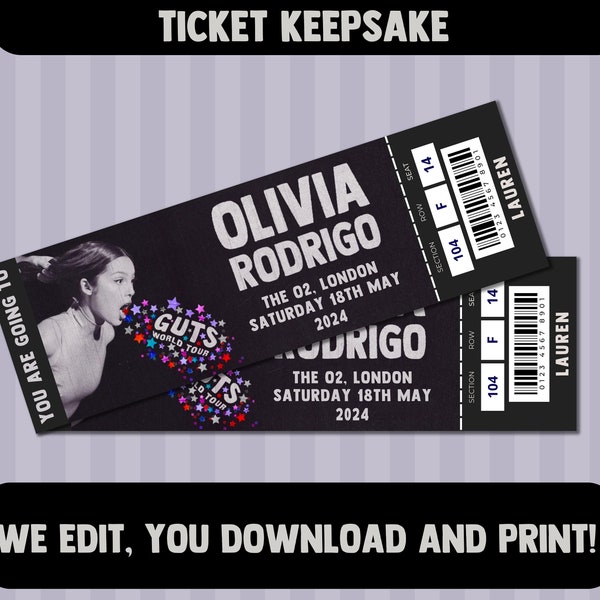 Olivia Rodrigo Guts Tour Surprise Concert Ticket, Rodrigo Merch, Keepsake Tour ticket souvenir, DIGITAL memorabilia Customized 2024 music