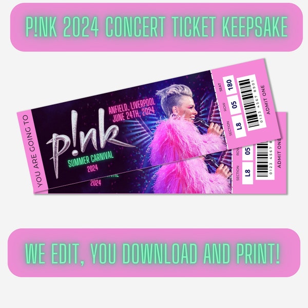 Surprise Pink Summer Carnival 2024 Concert Ticket, Personalised Keepsake tour ticket, Customised P!NK music ticket souvenir, DIGITAL PRINT