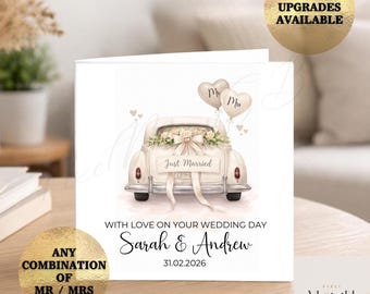 Personalised Vintage Car Wedding Card, Mr & Mrs, Surname, Date (Wedding Day) Just Married