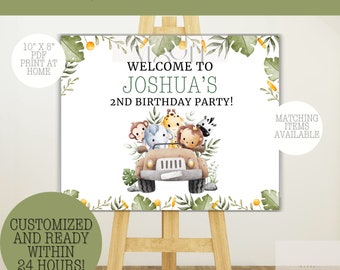 Cumpleaños personalizado de la junta de bienvenida de Safari Jungle, salvaje, animales de fiesta personalizado imprimible divertido lindo Safari Sign Party