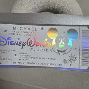 May include: A silver ticket-style announcement for a trip to Disney World in Florida. The ticket features the Disney World logo, a Mickey Mouse graphic, and the name "MICHAEL." It includes the message "PACK YOUR BAGS YOU ARE GOING TO..." and "THE MOST MAGICAL PLACE ON EARTH."