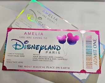 Disneyland Foil Surprise Theme Park, Boarding pass, Personalised Keepsake Pass, Custom Disney Ticket Magical Theme Park & Disney World Card