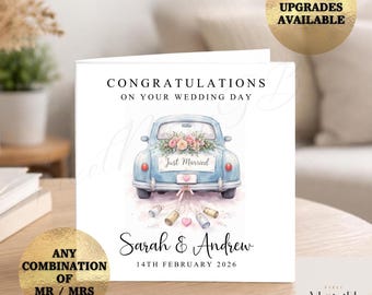 Personalised Wedding Card, Blue Vintage Car, Mr & Mrs, Surname, Date (Wedding Day) Just Married