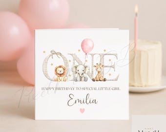Safari Animals 1st Birthday Card - Personalised First Card for Son Daughter, Grandson Granddaughter, Niece Nephew. One, Two, Three, 2nd, 3rd