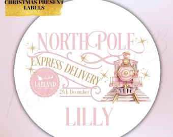 North Pole Express Train, Navy, Pink, Christmas Stickers, Lapland Xmas Present Wrapping labels, Gift Tags, Parcel Stickers