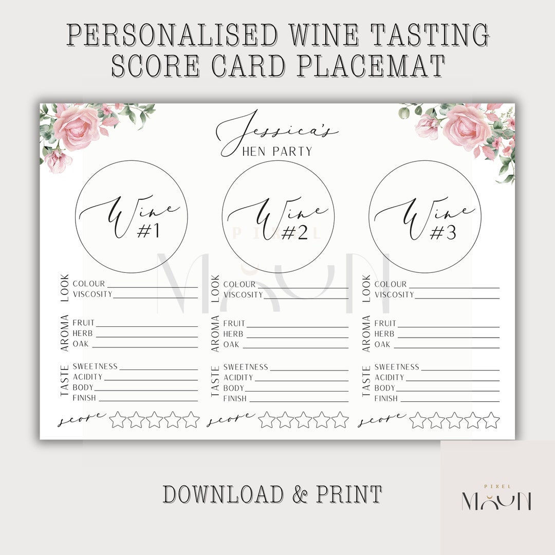 Personalised Wine Tasting Score Card Placemat, Blind Wine Tasting, Hen ...