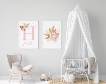 Impresiones de guardería para niñas, descarga digital de arte de pared floral inicial boho, decoración de pared de habitación para niñas, conjunto de 3 impresiones de carteles.