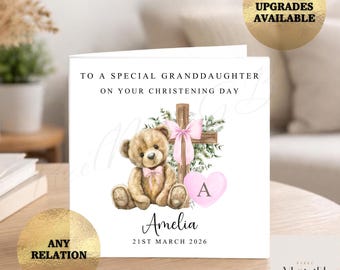 Personalised Christening Card, Teddy Bear Cross Design, Any Relation (Goddaughter, Niece)
