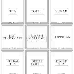 K&ouml;nnte beinhalten: Neun schwarz-wei&szlig;e Etiketten mit Text f&uuml;r K&uuml;chenaufbewahrungsbeh&auml;lter. Die Etiketten lauten: "Tee", "Kaffee", "Zucker", "Hei&szlig;e Schokolade", "Marshmallows", "Toppings", "Kr&auml;utertee", "Kaffee ohne Koffein" und "Kaffee ohne Koffein".