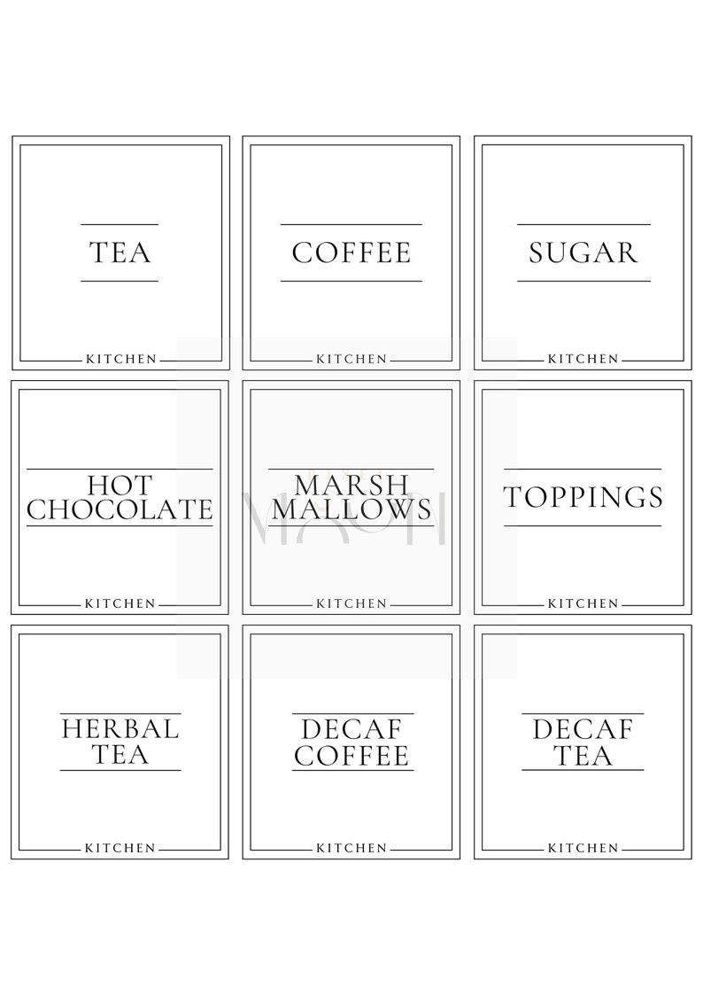 K&ouml;nnte beinhalten: Neun schwarz-wei&szlig;e Etiketten mit Text f&uuml;r K&uuml;chenaufbewahrungsbeh&auml;lter. Die Etiketten lauten: "Tee", "Kaffee", "Zucker", "Hei&szlig;e Schokolade", "Marshmallows", "Toppings", "Kr&auml;utertee", "Kaffee ohne Koffein" und "Kaffee ohne Koffein".