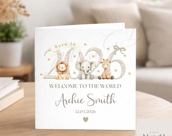New Baby Personalised Card, Cute Animals, Neutral Born in 2026, Welcome to the World