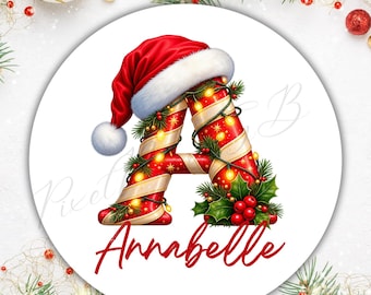 Personalised Christmas Wrapping Stickers, Candy Cane Festive Name Stickers, Gift Wrapping, Personalised Christmas Labels, Red, Cute initials