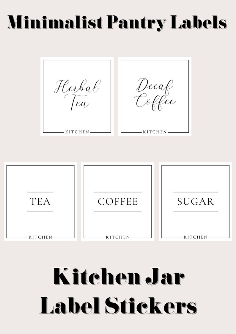 K&ouml;nnte beinhalten: Sechs minimalistische schwarz-wei&szlig;e Vorratsbeh&auml;lter-Etiketten mit den Worten "Herbal Tea", "Decaf Coffee", "Tea", "Coffee", "Sugar" und "Kitchen" darauf gedruckt.
