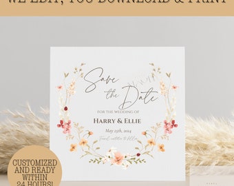 Neutral WildFlower Save The Date Cards, Wildflowers Floral Invitations, Evening, Wedding Announcement, Engagement, Digital Square printable