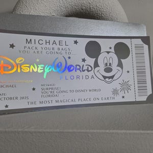 May include: A silver ticket-style card with the text "MICHAEL" and "Disney World Florida". The card features a Mickey Mouse graphic and the message "SURPRISE! You're going to Disney World Florida!" with the date "OCTOBER 2025".