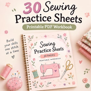 Könnte beinhalten: Ein spiralgebundenes Arbeitsbuch mit dem Titel 30 Sewing Practice Sheets mit einem rosa Einband, der eine Nähmaschine, eine Schere und Blumenillustrationen zeigt. Das Arbeitsbuch enthält 30 druckbare Seiten, eine rosa Garnrolle und ein Nadelkissen.