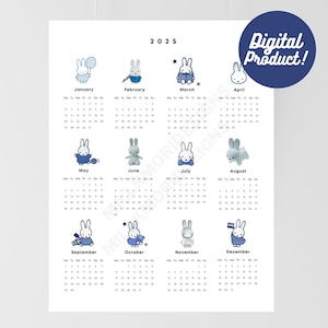Calendario anual 2025 Blue Bunny, impresión digital, imprimible, tamaño carta de EE. UU., 8,5 x 11 pulgadas, 5 x 7 pulgadas, inicio lunes y domingo