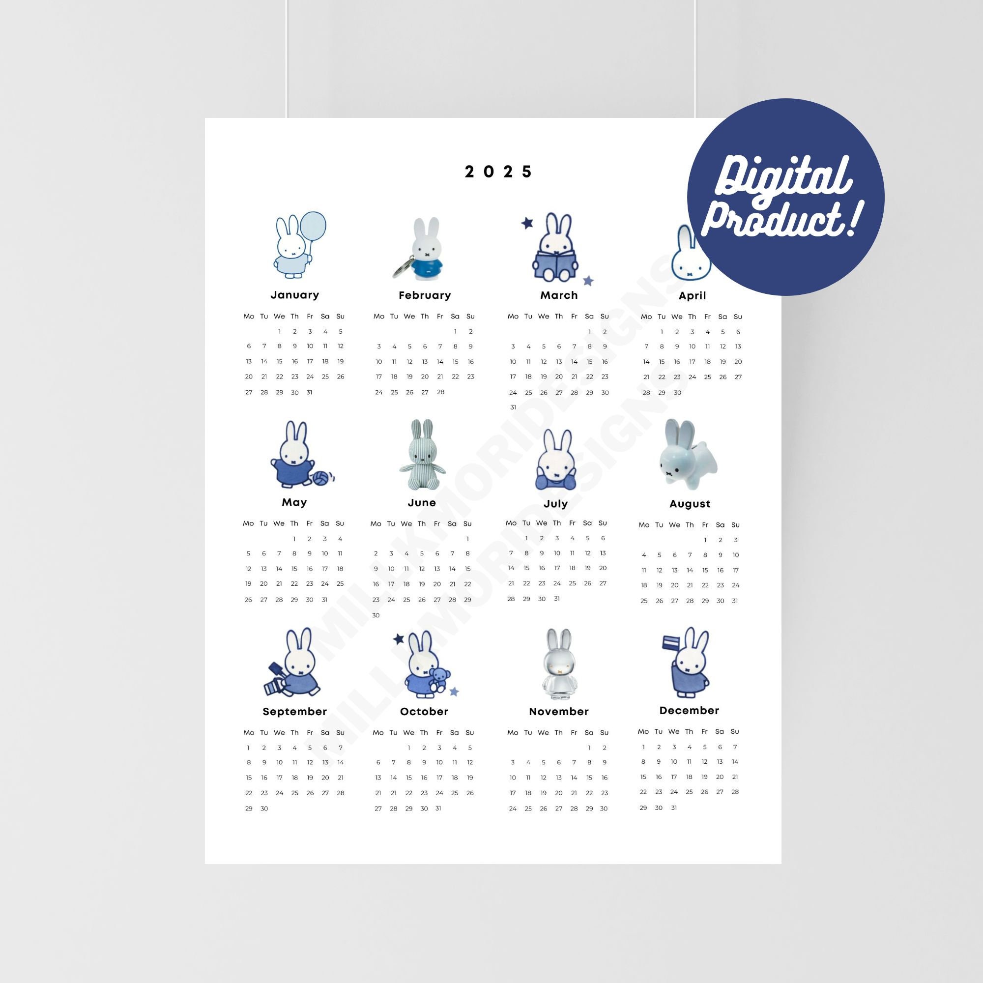 2025 Blue Bunny Yearly Calendar Digital Print / Printable / US Letter 8 ...