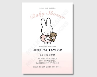 Invitación para baby shower de conejito rosa - Plantilla digital editable e imprimible