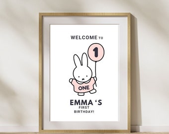 Pink Bunny Party Willkommensschild - Bearbeitbare digitale Canva-Vorlage - Sofort-Download