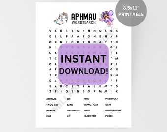May include: A printable 8.5x11 inch word search puzzle featuring the name "Aphmau". The puzzle is on a light purple background with a unicorn and a cartoon character on the top. The word search includes words like "Instant", "Download", "Taco Cat", "Unicorn Cat", "Gene", and "Garroth".