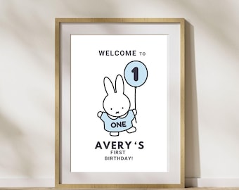Blue Bunny Party Willkommensschild - Bearbeitbare digitale Canva-Vorlage - Sofort-Download