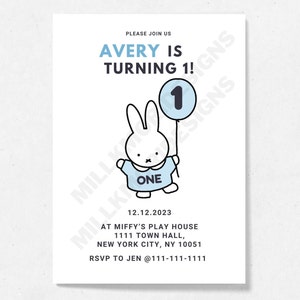 Blue Miffy Party Invitation Editable Digital Template Printable