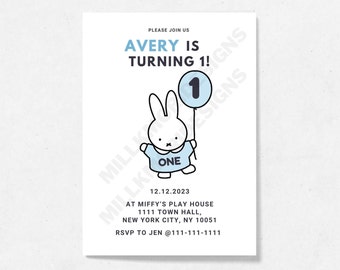 Blue Miffy Party Invitation Editable Digital Template Printable