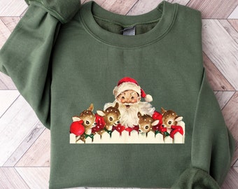 Santa Claus Christmas Sweatshirt, Reindeer Christmas Sweater, Retro Style Christmas Shirt, Vintage Christmas T-Shirt